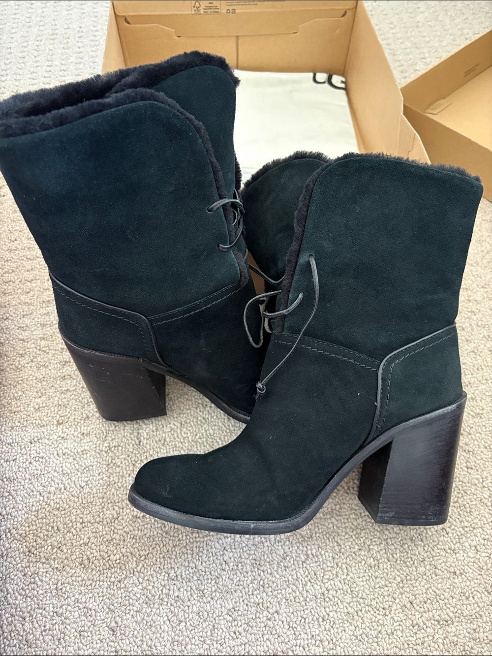 UGG Black Suede Lace-Up Fur-Trim Heeled Ankle Boots